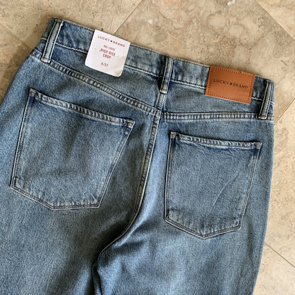Lucky Brand Jeans 90s Loose High Rise Crop 4/27 Blue Raw Hem Pockets Brand New